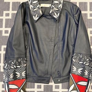 Tory Burch Pottery Embroidered Leather Moto Jacket. Navy Leather Jacket